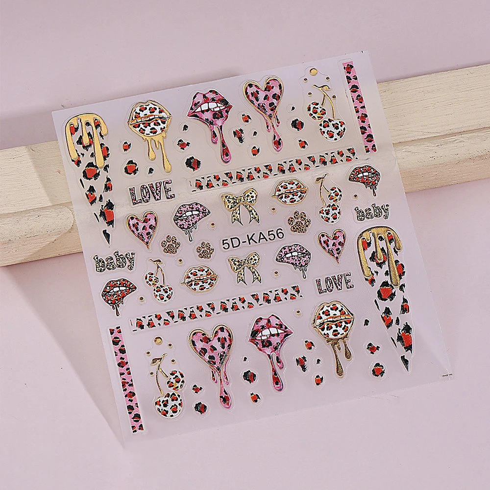 5D セクシーなヒョウの唇ネイルステッカー魅力的なちょう結びハートチェリーネイルアートデカールピンク/ゴールドバレンタインデーネイルデコレーション用品