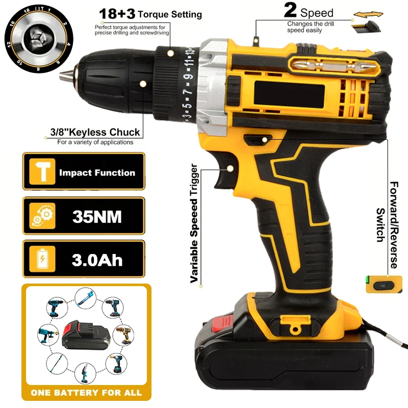 مجموعة أدوات الحفر 36 فولت: بطاريتين + شاحن سريع، حقيبة محمولة مع مصابيح عمل، سرعتين قابلة للتعديل