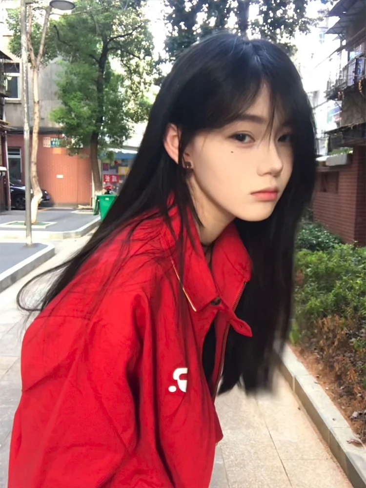 

Американская ретро-куртка красного цвета, осенняя, свободного кроя, с воротником, в бейсбольном стиле, молодежная, для активного отдыха