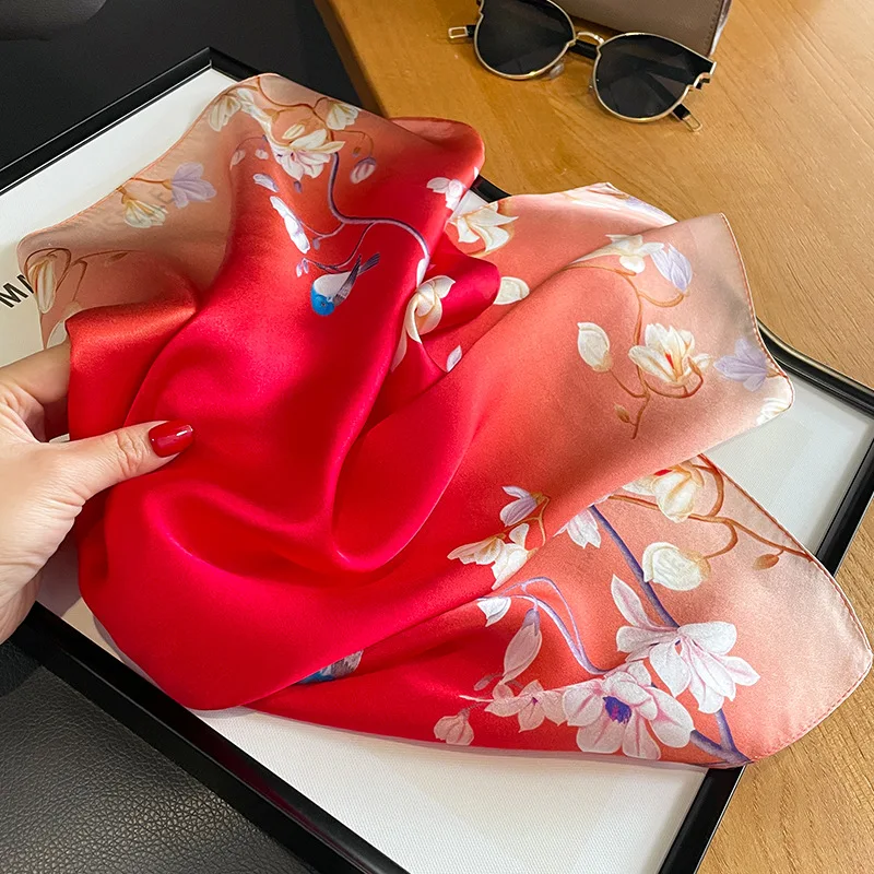 2024 Fashion 100% Real Silk Square Satin Scarf For Women Shawl Foulard Hijab Neckerchief Wrap Bandana Luxury Bufanda Echarpe