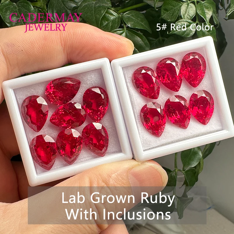 Cadermay Read To Ship Synthetic Ruby 3x4mm-15x20mm Pear Cut #5 Red Lab Grown Ruby Loose stones With Inclusions for Jewelry Make