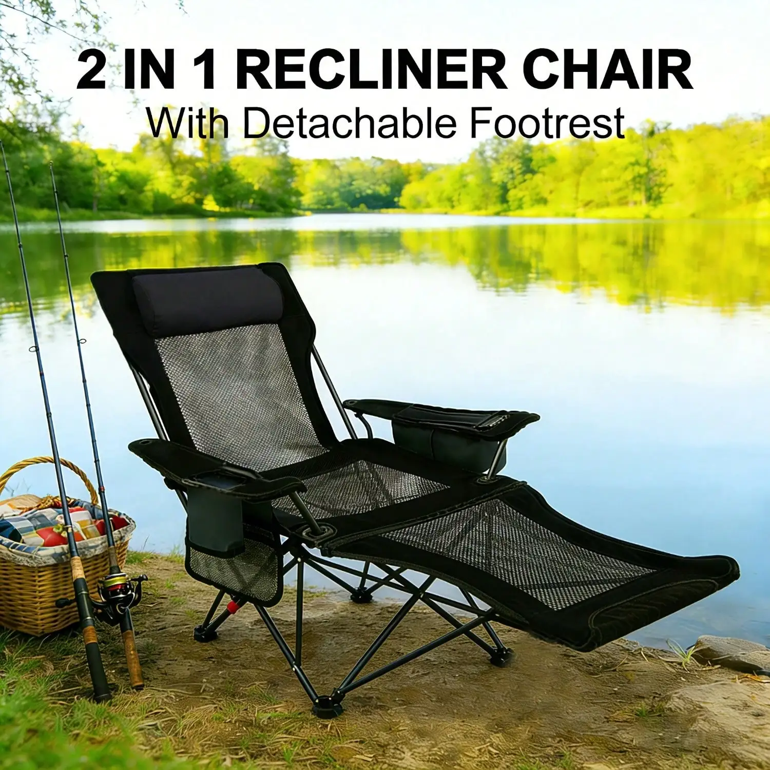 Heavy-Duty 2-In-1 Adjustable Camping Chair With 4-Position Reclining, Footrest And Cup Holder. Adult Folding Recliner With Adjustable Backrest, Lightweight, Comfortable For Camping, Hiking Or Backyard Relaxation, Father's Day Gift.
