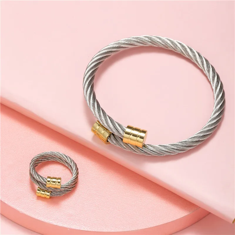 Trendy 316L Stainless Steel Couple Accessories Titanium Steel Wire Rope Bracelet Ring Set Open Ladies Jewelry Set