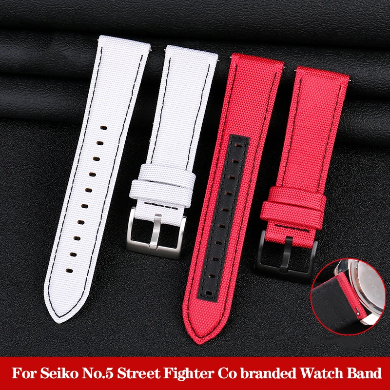 22mm New Nylon Leather Bottom Watch Band For Seiko No.5 Street Fighter Co Branded Long-SRPF19K1 SRPF20K1 Sports Strap Bracelet