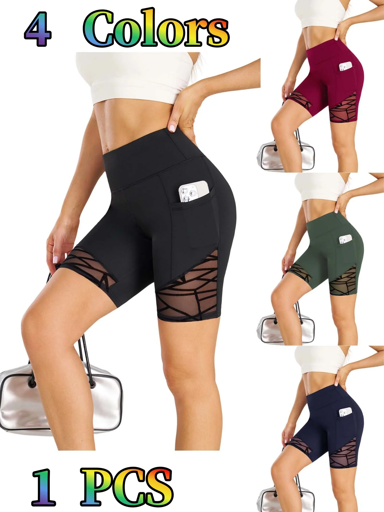 Women High Waist Yoga Shorts Mesh Patchwork With Phone Pockets Stretch Breathable Biker Shorts For Gym Fitness Daily Training