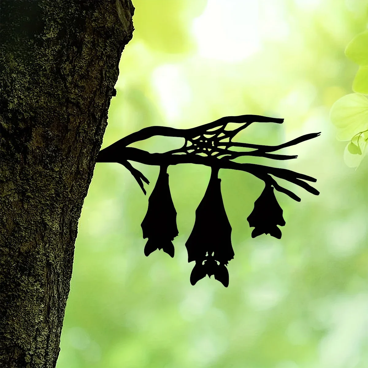 Iron Silhouette Hanging Bat-Shaped Tree Stump Garden Ornament: Mesmerizing Hollow Out Sculpture, Wrought Metal Ground Insert