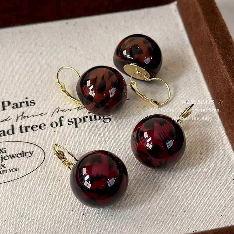 Deep Red Leopard Print Ball Earrings with Hook Vintage Premium Lightweight Winter Fall Small Niche Design Elegant Gift Jewelry