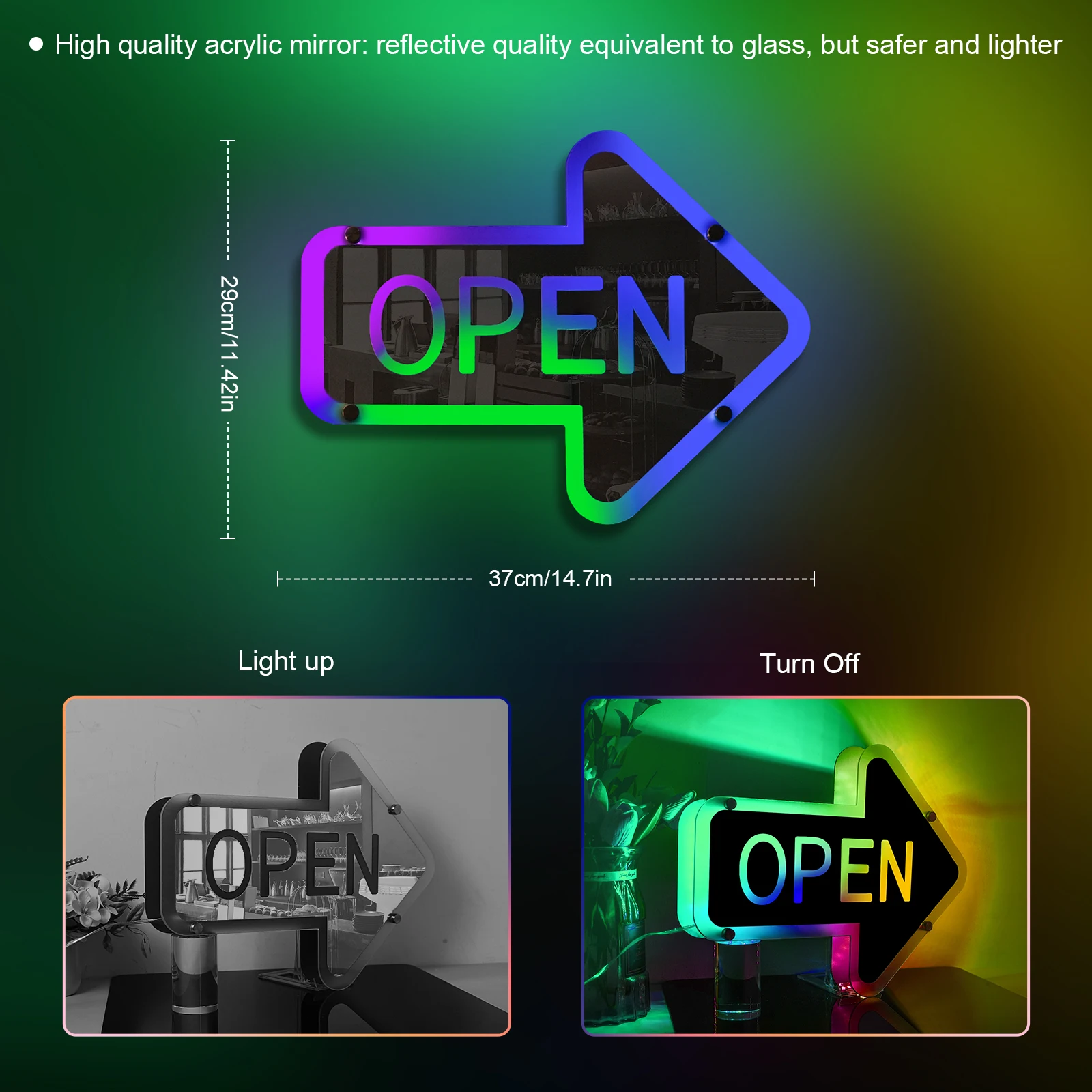 Open With Arrow Neon Sign Mirror LED Backlight RGB Remote Control Luminous Wall Neon Sign Lamp Bar Store Salon Room Decor