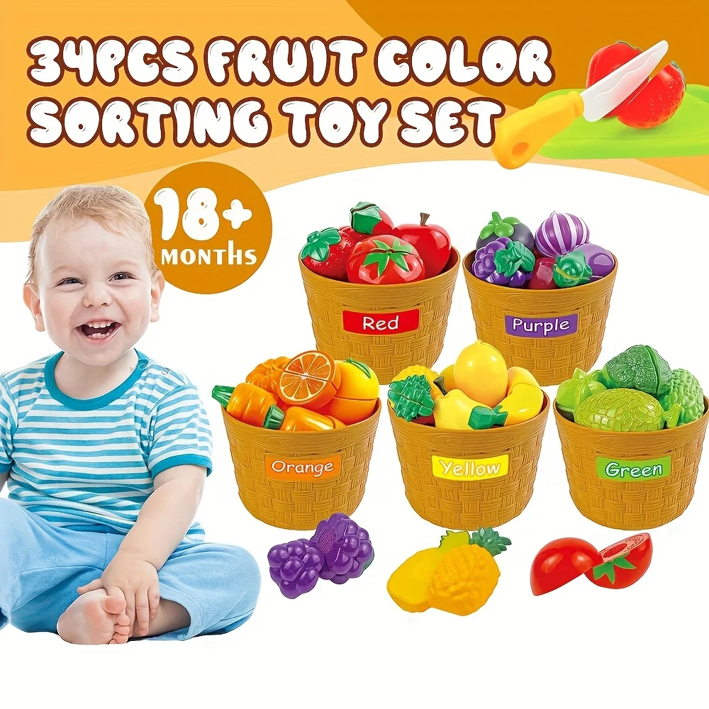 Learning Toys Food Play Set for Toddlers Cutting Fruit & Vegetables Pretend Play Kitchen Color Sorting Toy for Kids Boys Girls