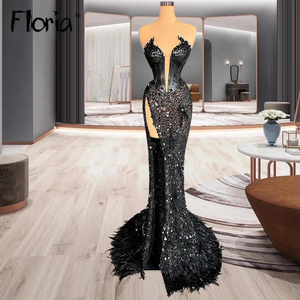 Floria Sicke Pailletten Meerjungfrau Hohe Slit Side Abendkleid Handmade Feder Luxus Prom Party Kleider Dubai Nach Maß Vestidos