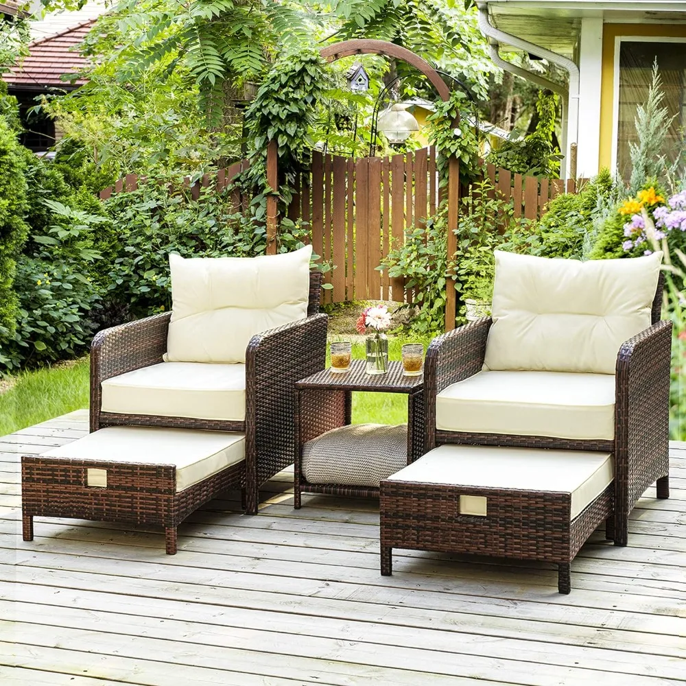 5 Pieces Wicker Patio Furniture Set Outdoor Patio Chairs with Ottomans Conversation Furniture with coffetable for Poorside