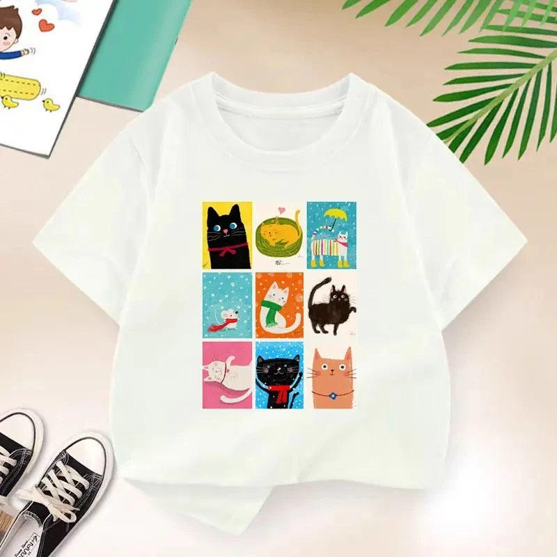 

Cat Family Graphic Print Baby Boys T-shirt casual Tops Tee 2025 New Summer Funny Cartoon Kids T Shirt Teen 6 8 10 12 Year