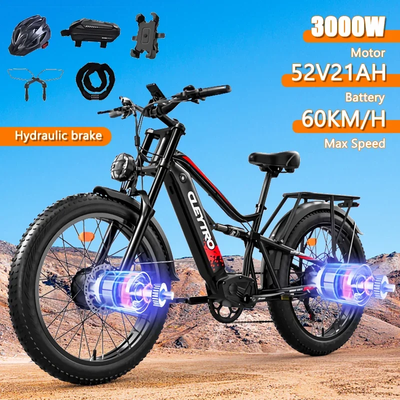 2025 new style(peak value 3000W) motor   52V21AH mountain ebike,all terrain up to 60 km/h full shock absorber Performance beast