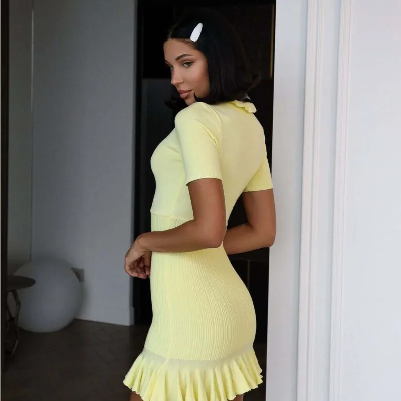 فستان قصير محبوك مكشكش للنساء، فستان قصير الأكمام بخصر عالٍ من الدانتيل، فستان سهرة للنساء 2025 #5