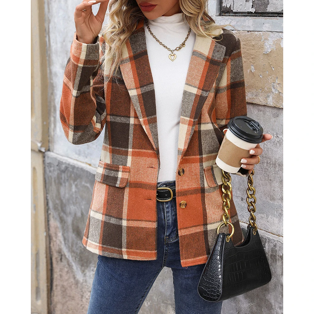 Mia Muse Cappotti da donna Autunno Inverno Moda Plaid monopetto Tasca con bottoni Manica lunga Risvolto Cappotti da donna da ufficio