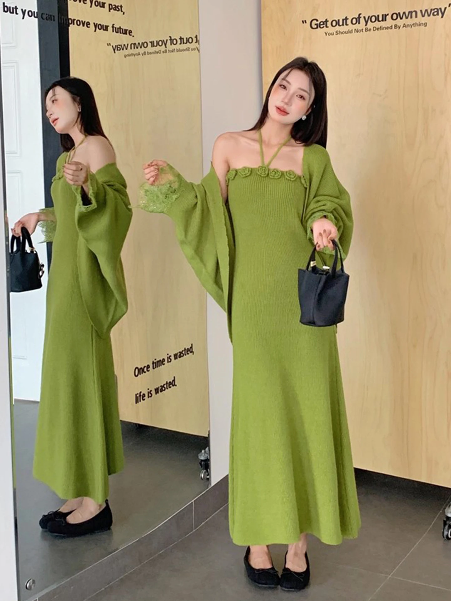 

Faionable Knitted Lace Dr Set Women's Winter New Sle Ne Hanging Sweater Coat Two-Piece Set Commute Sle Adult Size