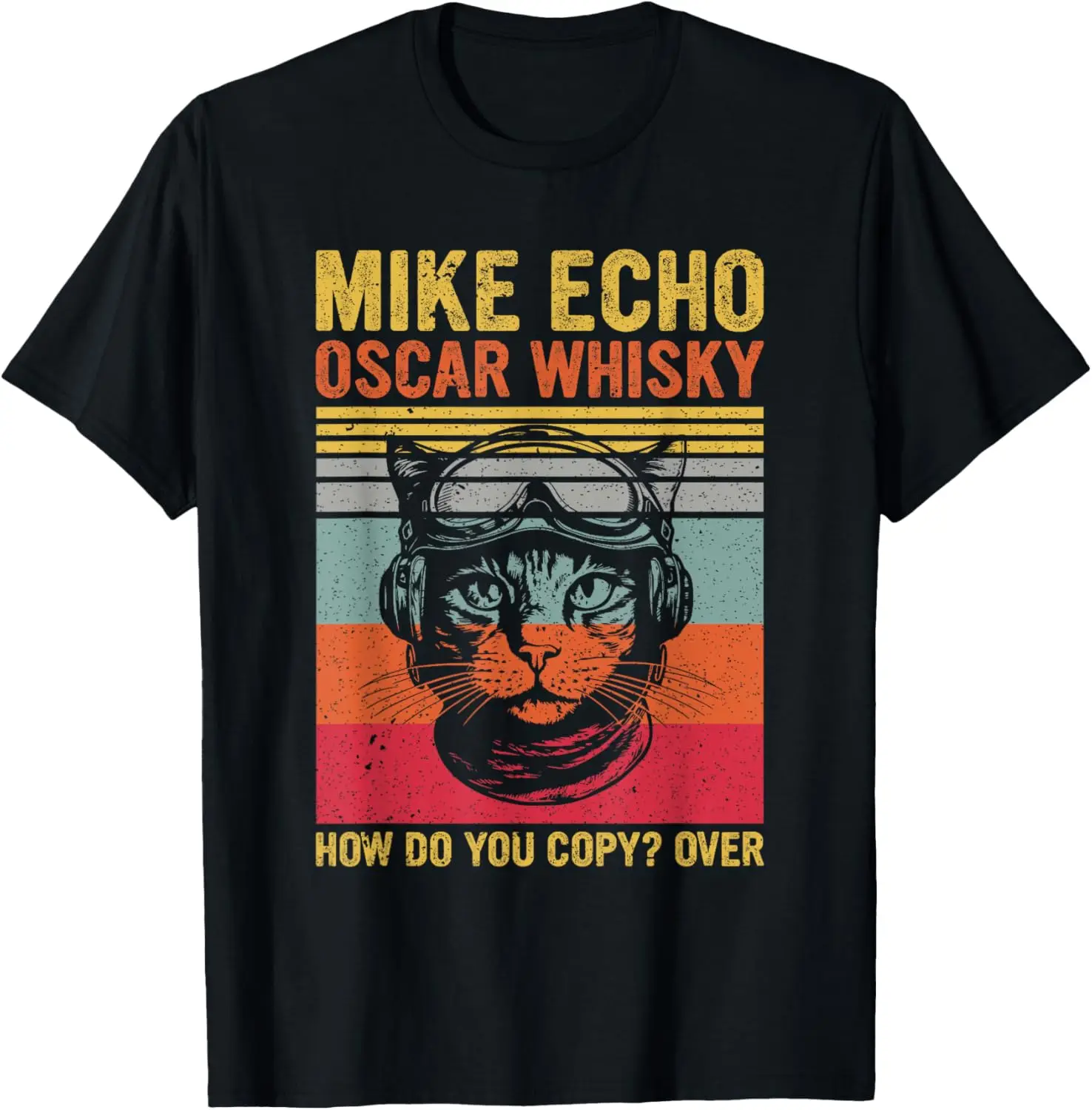 Cat Pilot Mike Echo Cc Whisky How Do You Copy T-Shirt Cotton Retro Street Fashion Cartoon Cat Print Short Sleeve Design Clothing