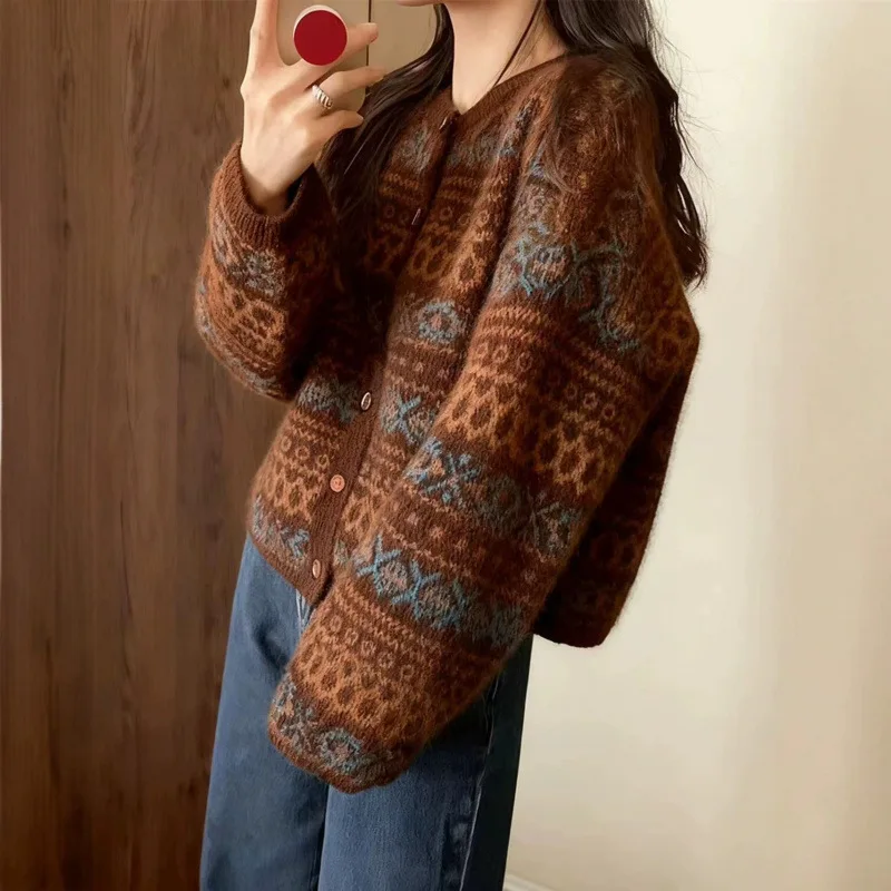 Women's 2026 Autumn Winter Fair Isle Jacquard Knit Cardigan Vintage Ethnic Sweater Coat Chic Trendy Warm  Oversized Cardigan