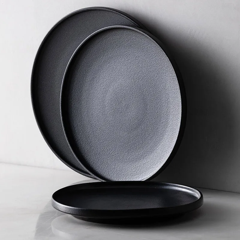 Europeanstyle quicksand series tableware steak plate Western plate household fruit salad plate creative black frosted flat plate