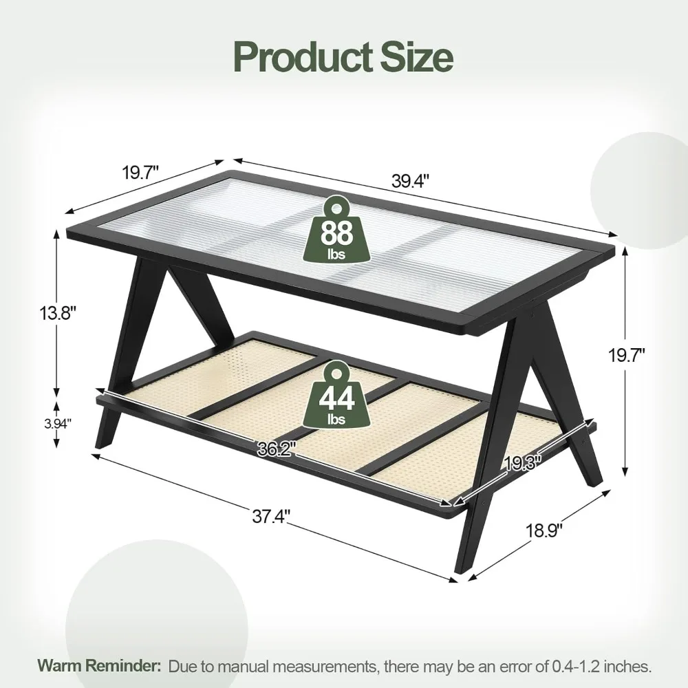 Modern Rectangle Coffee Table with Bamboo Frame, Imitation Rattan Shelf, Ribbed Glass Top, Boho Style