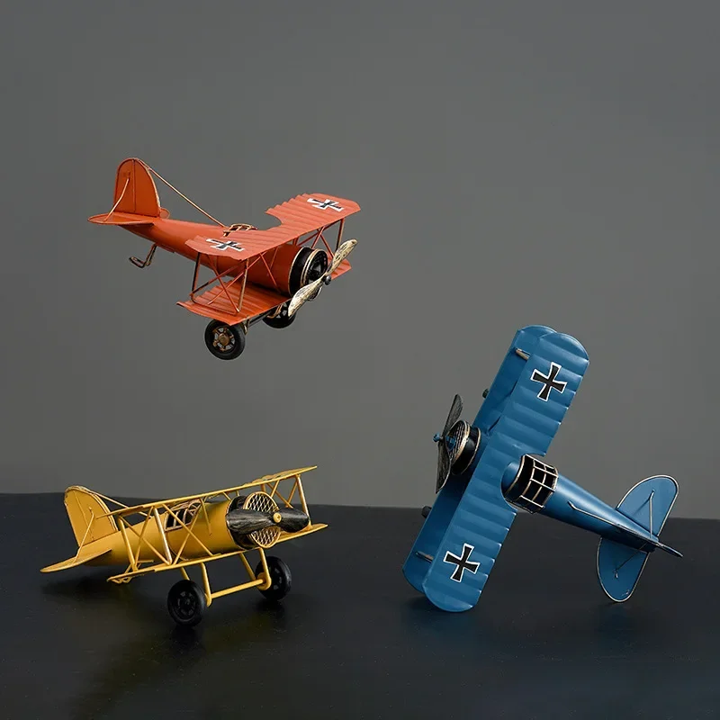 Vintage Biplane Model Mini Figurines for Home Decor Metal Iron Air Plane Model Aircraft Children Room Hanging Decor Kids Gift