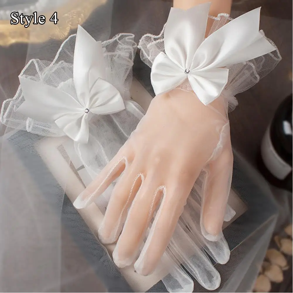 Sexy Mesh Lace Short Gloves Thin Transparent Wedding Gloves Women Plain Mesh Bow Pearl Bride Dress Gloves Lace Dress Accessories