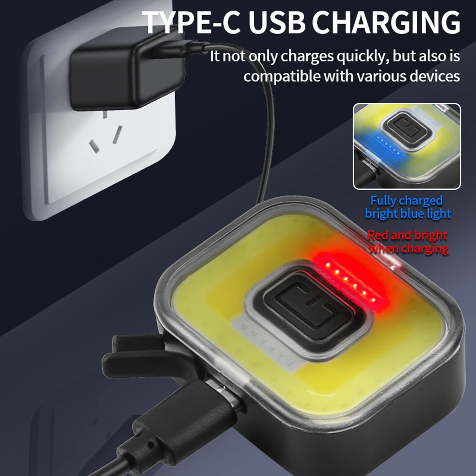 كشاف أمامي COB لشحن USB، خفيف الوزن ومقاوم للماء ومتين، ضوء صغير قابل للتعديل مع ضوء تحذير أحمر وأزرق