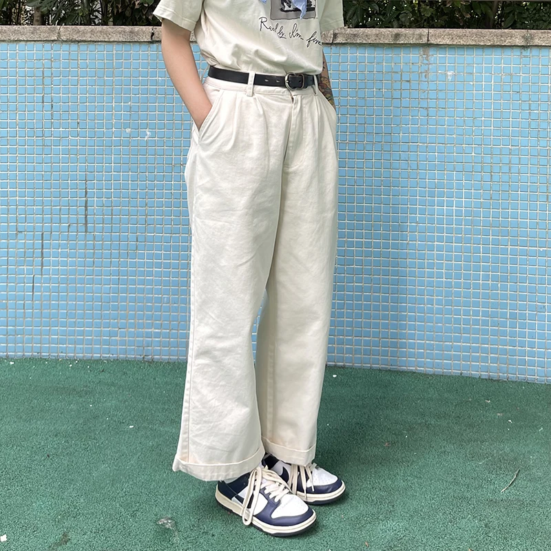 

Брюки женские прямые с высокой талией, свободного кроя, повседневные, в стиле рабочей одежды, бежевые, универсальные, удобные, длинные