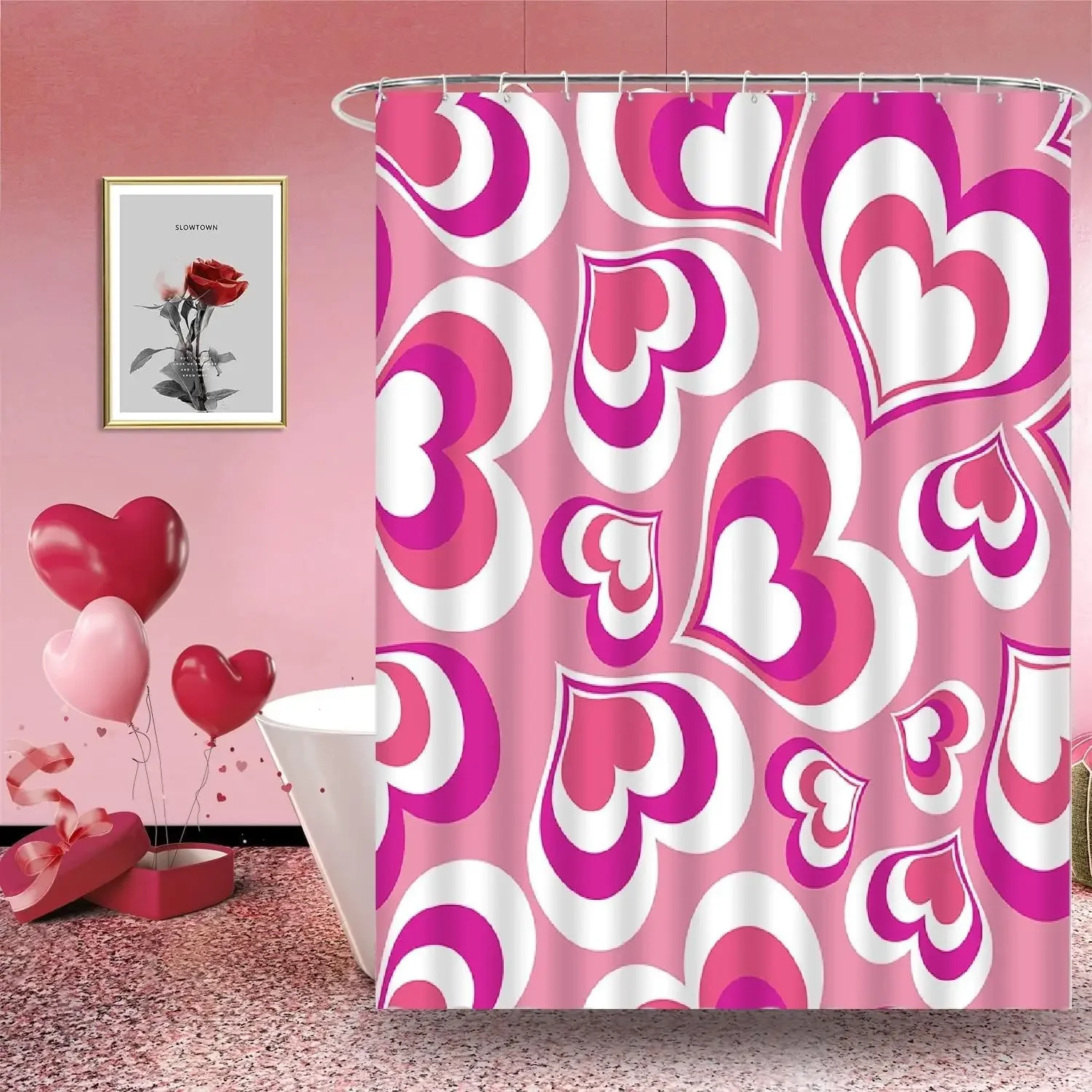 Valentine's Day Shower Curtain pink Heart Sweet Love Romantic Women Modern Bathroom Home Curtain Decoration With Hook,