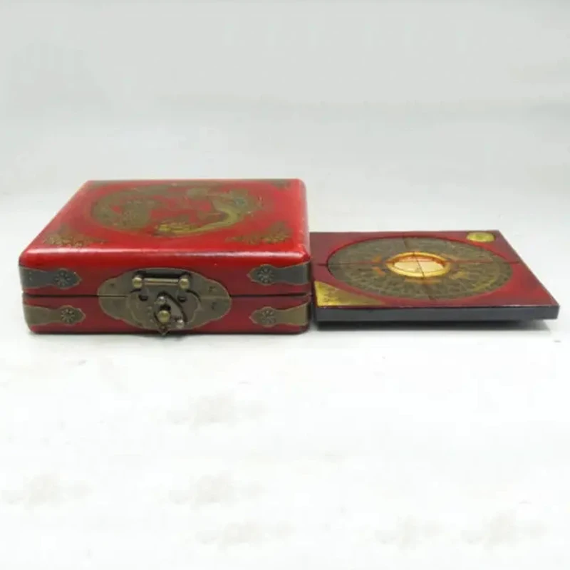 BAGUA COMPASS Feng Shui Lo Luo Pan Chi Dragon Phoenix Leather Box Brass Lock