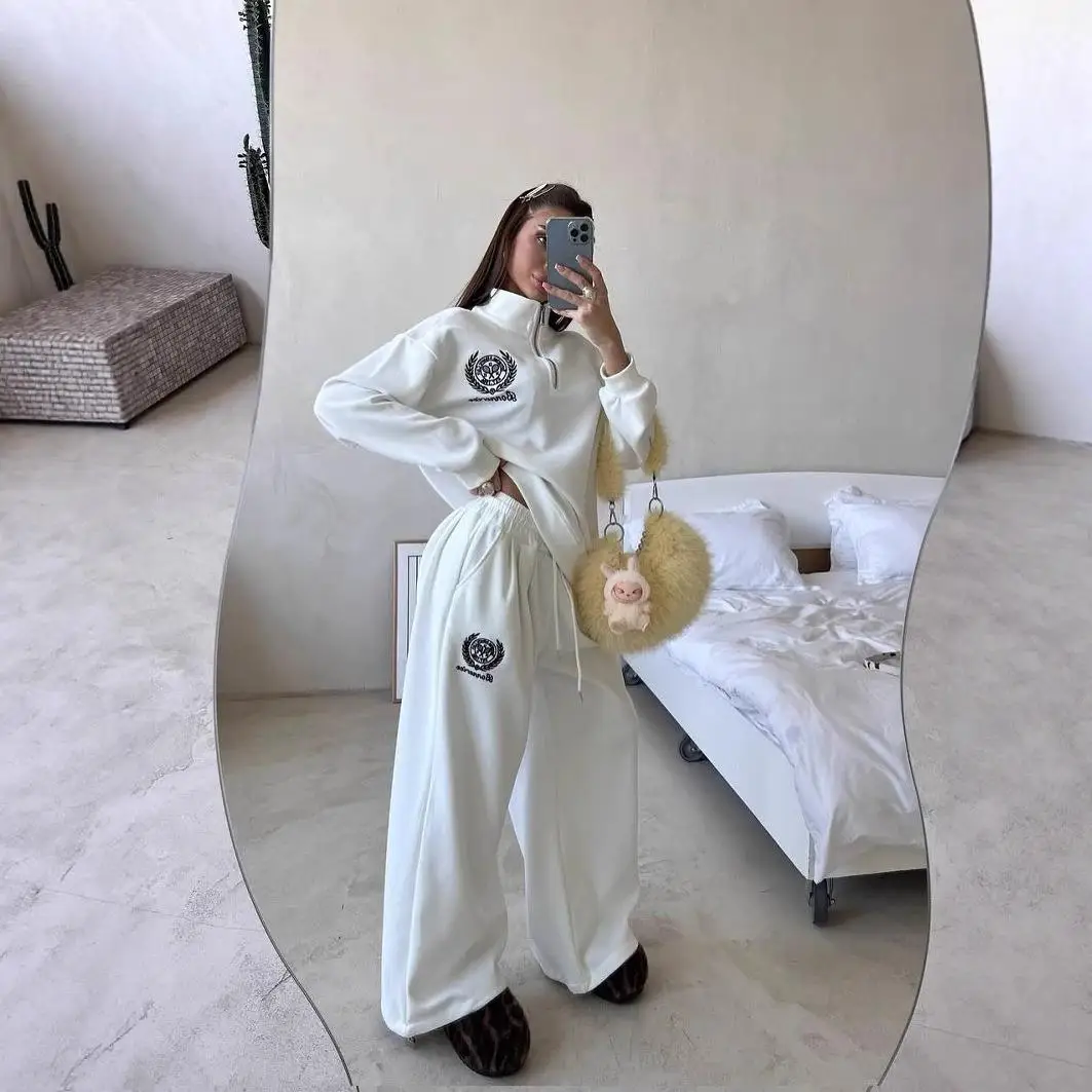 

Summer 2025 Heavy Embroidery Long Sve Zipper Top And Wide Leg Pants Slimming Two Piece Set Women's Faion Casual Pants