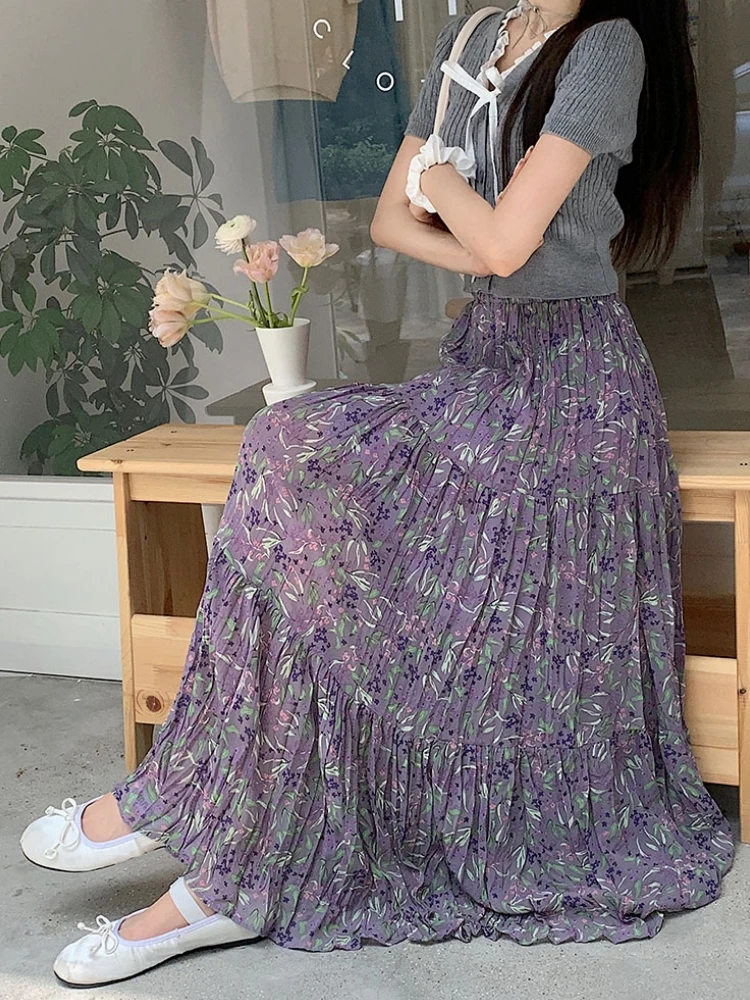 Purple Floral Spring Summer Wrinkled Pleated Skirt Women Mori Girl Style Casual High Waisted Long Skirts Midi falda plisada