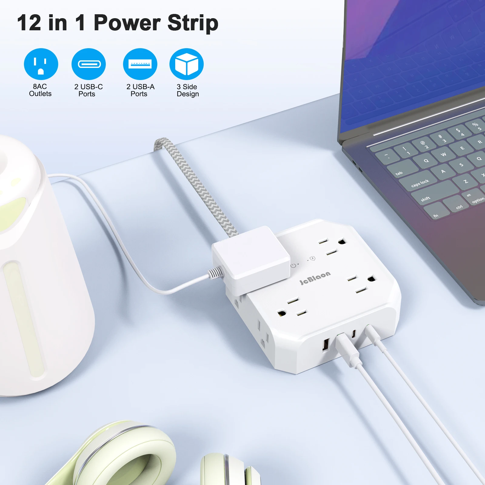 Faixa de Poder Protetor Contra Surtos, Tomada US, 8 Tomadas AC Extensor, 4 Portas USB, 2 USB C, Cabo de Extensão de 5 pés, Casa e Escritório