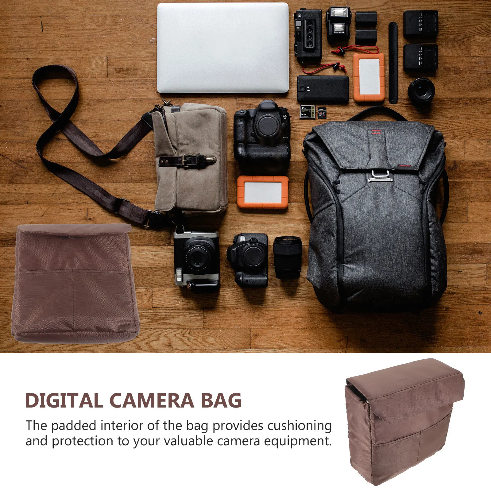 Angoily Camera Sleeve Padded Organizer Bag Portable Tripod Sling Pouch Nylon Gadget Case Digital Lens Coffee