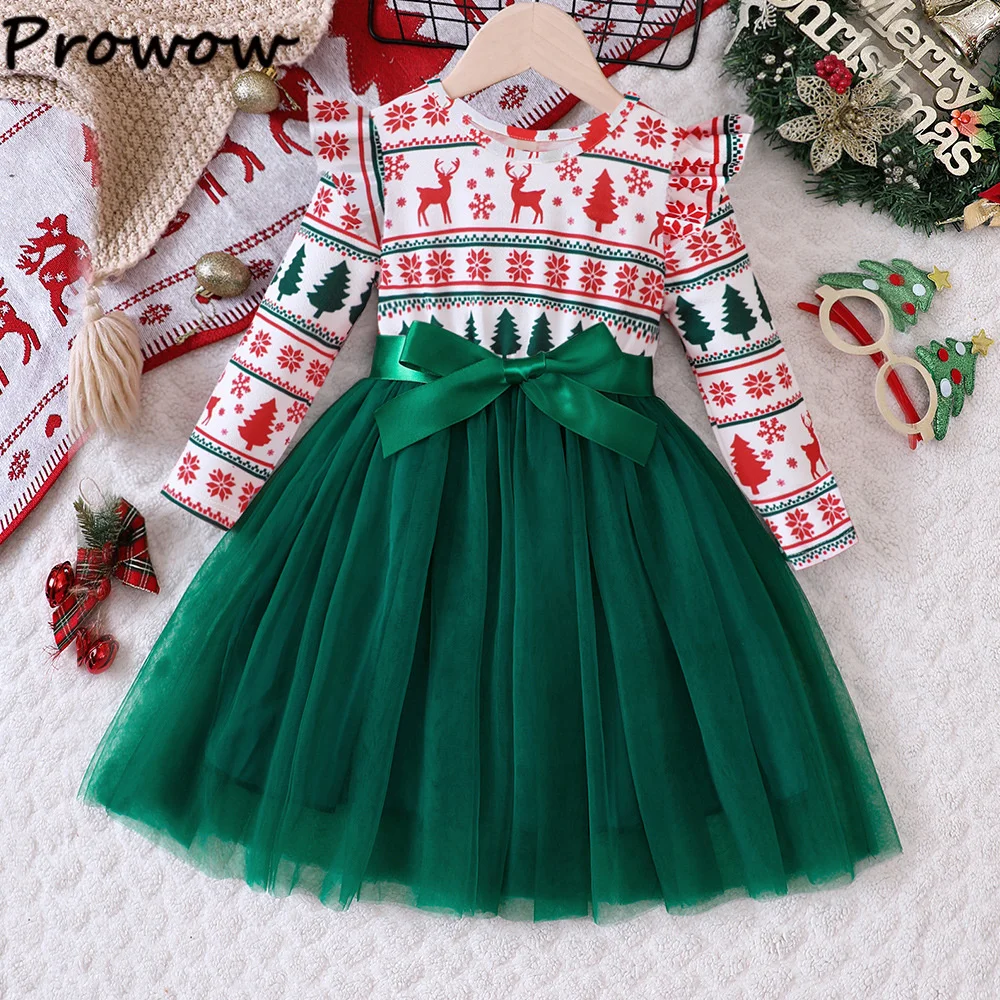 Prowow Kids Christmas Dress For Girls 2025 Red Patchwork Gingerbread Man Party Dresses Princess New Year Children\'s Costume