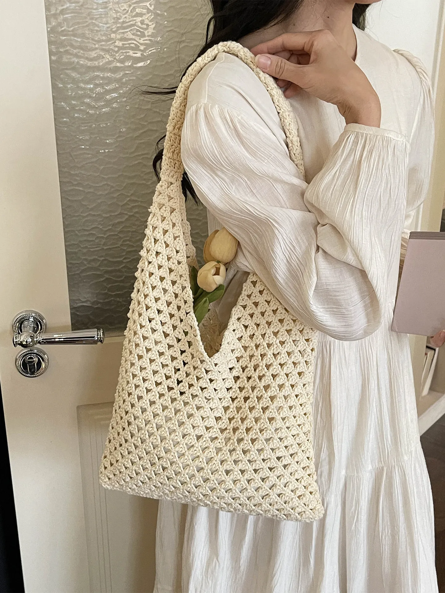 レトロニット大容量シングルショルダーバッグレディースハンドバッグ韓国芸術的なトートバッグショッピングバッグシンプルスタイリッシュ多用途