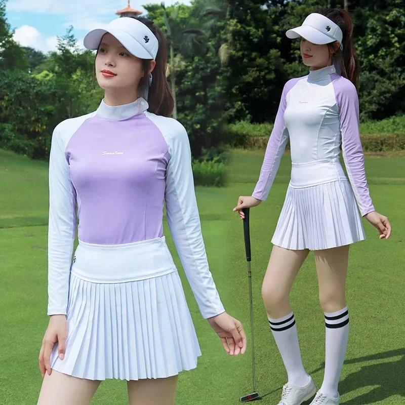 2024 Spring New Golf Women's Wear Autumn Contrasting Sunscreen Long-sleeved T-shirt Pleats Skirt Sport Suit Slim Golf Top Jersey