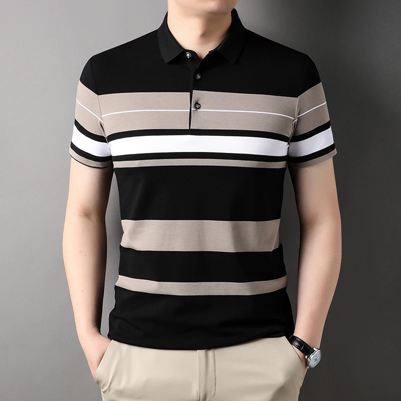 Men\'s Polo Shirts Korea Man Golf Shirts Summer Striped Print Button Clothing Business Style Male Streetwear Short Sleeve T-Shirt