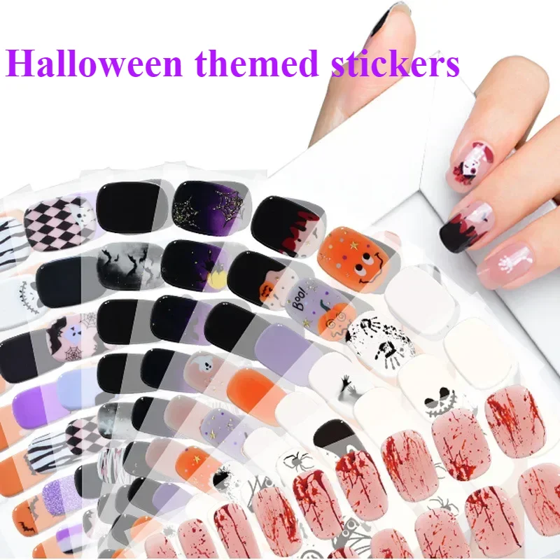 Ghost Spider Pumpkin Design Gel Nail Sticker Adhesive Halloween Skeleton Spider Slider Semi-Cured Gel Stickers Press On Nails