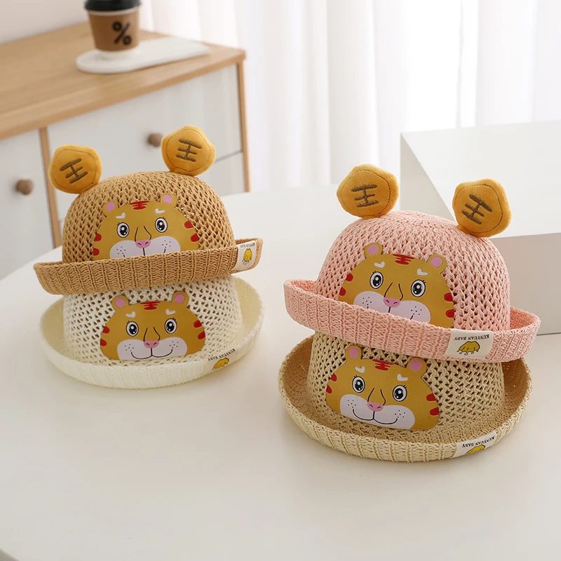 

Summer Baby Straw Hats Lovely Cartoon Tiger Pattern Kids Boys Girls Sun Hats Beach Caps Children Fisherman Hat