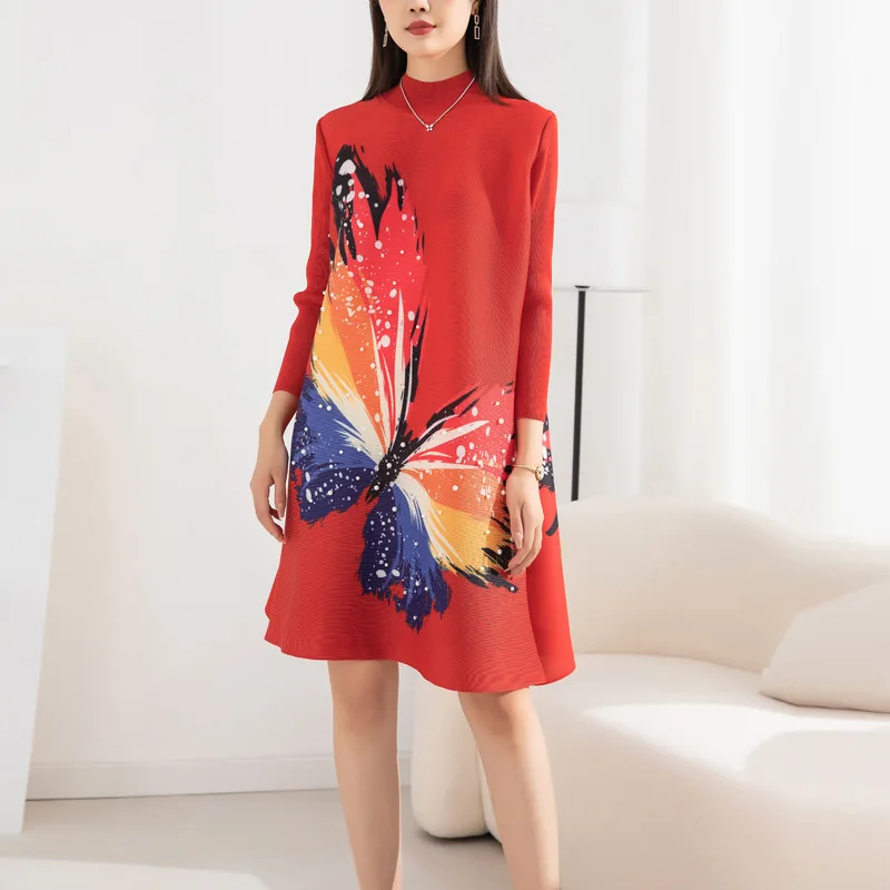 

Miyake Pleated Dress for Women 2022 Autumn Fashion Floral-Print Beaded Round Neck Long Sleeve Loose Large Size Mid-Length Dress