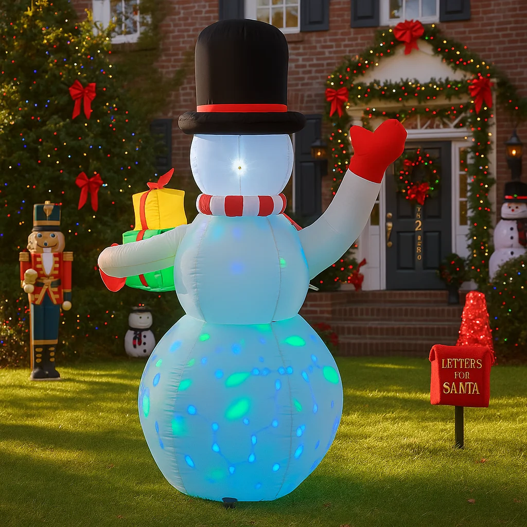 Muñeco de nieve inflable de 2,1 M/6,8 pies con regalos, luces LED para exteriores, decoraciones para el hogar, juguetes, adornos navideños para patio, decoración de iluminación navideña