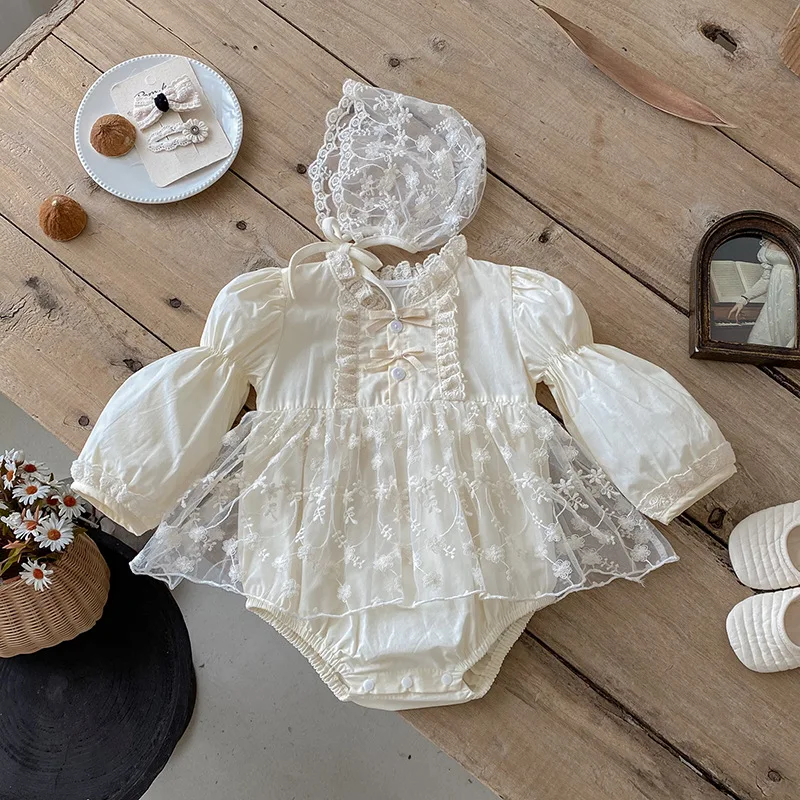 

HoneyCherry Autumn Baby Girl Lolita Sweet Ruffled Dress - Long-sleeve Soft Lace Romper with Matching Hat Baby Girl Clothes