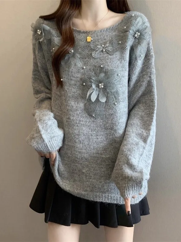 Maglione floreale in pizzo lavorato a maglia da donna coreano allentato autunno inverno nuova maglieria a fiori dimensionali con maglietta bianca Lazy Sle