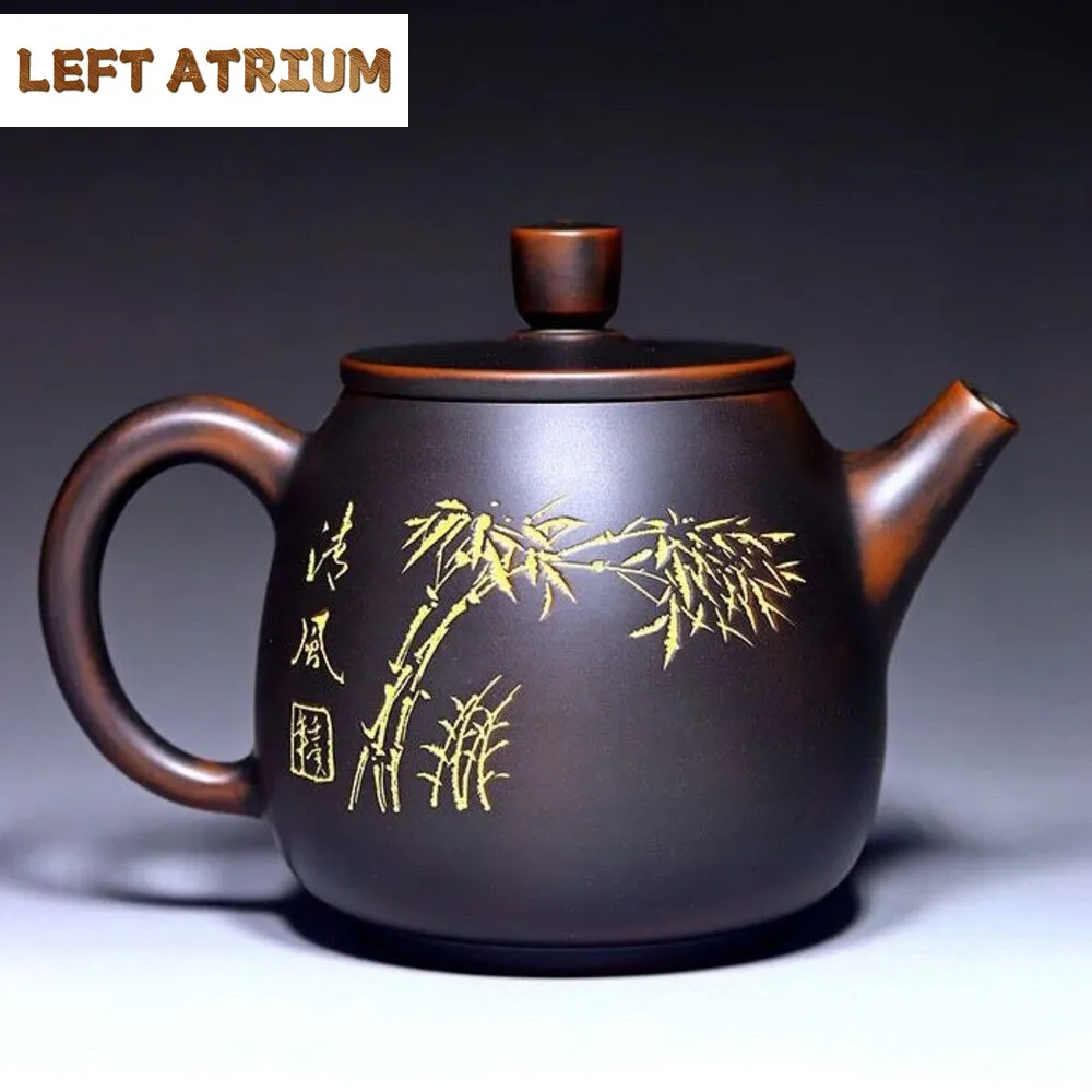 Tetera de cerámica Qinzhou Nixing auténtica de 230ml, tetera con filtro totalmente hecha a mano de maestros famosos, tetera grabada de bambú, juego de té chino