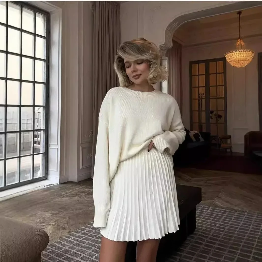 Autumn Solid Color O-neck Sweater Dress Sets Women's Clothing 2026 New Long Sleeves Fishion Style Loose Knitted Short Skirt Set