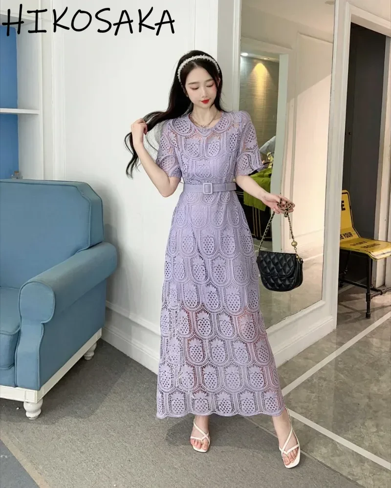 Hook Hoollow Hollow Out Elegant Lace Patchwork Dress Women Summer Fresh O-neck Short Sleeve Robe Solid Temperament Vestidos