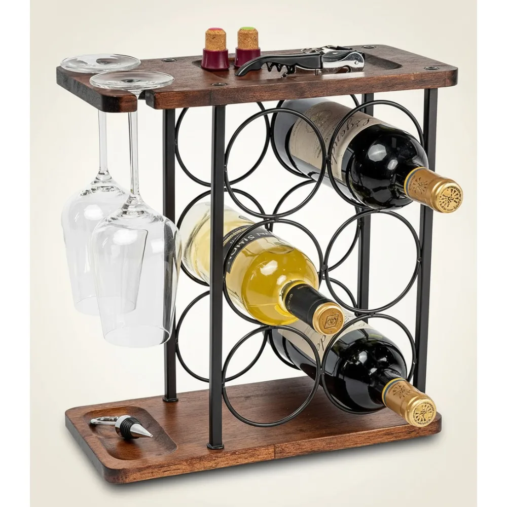 

Деревянная полка для вина с держателем для стекла и подносом — компактная столешница для хранения вещей на 6 бутылок, декор для домашней кухни