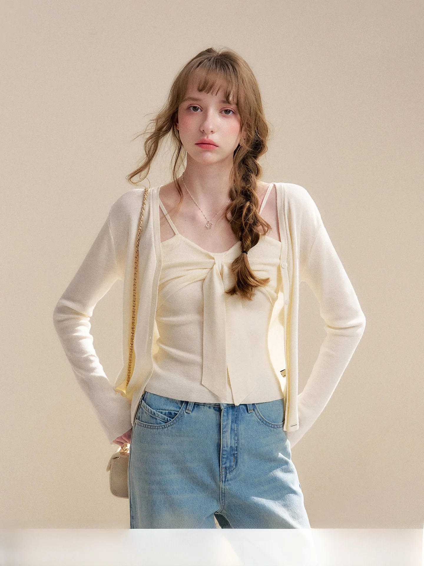 

Kroche Romantic Wool Blend Knitted Cardigan with Knot Belted Tank Top Set French Sle Slim Fit Long Sve ort L...