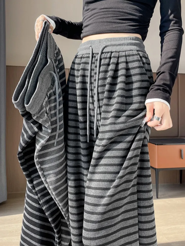 Retro gestreepte gebreide broek met wijde pijpen, dames casual lente herfst, elastische hoge taille, afslankend, lui, draperend, losvallend